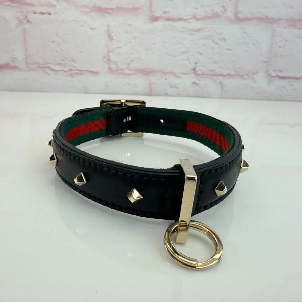Gucci Web Black Studded Leather Dog Collar 13-15”